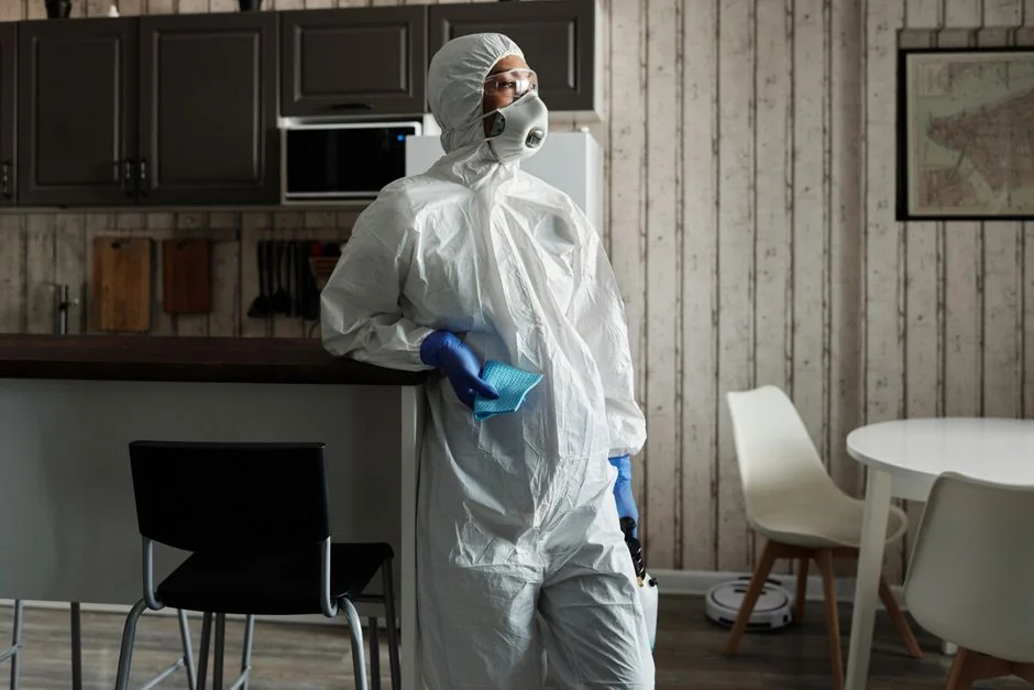 From above anonymous housekeeper in yellow rubber gloves spraying cleaner to chrome water faucet in bathroom